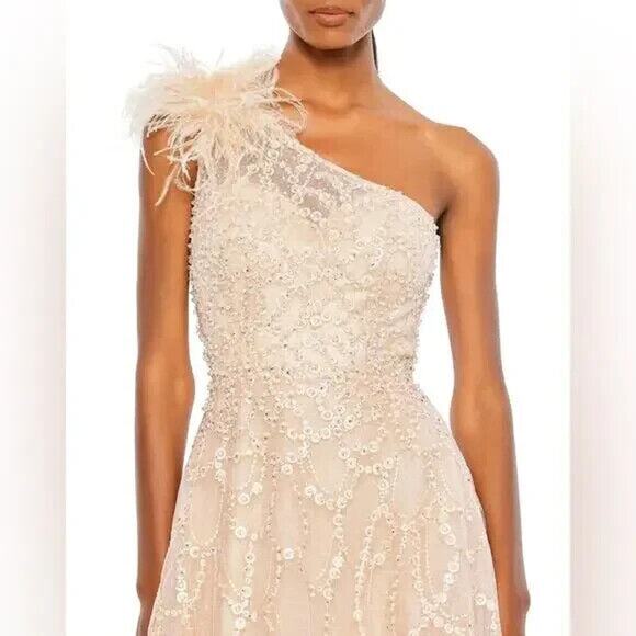 Mac Duggal Embellished One Shoulder Feather Accent Dress‎ Sz 2 Peach $798 NEW - Picture 2 of 9